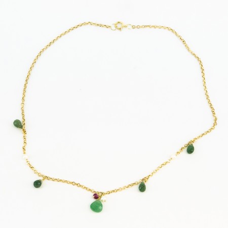 Gargantilla de oro 18 kt. con peridoto, perlas y rubí