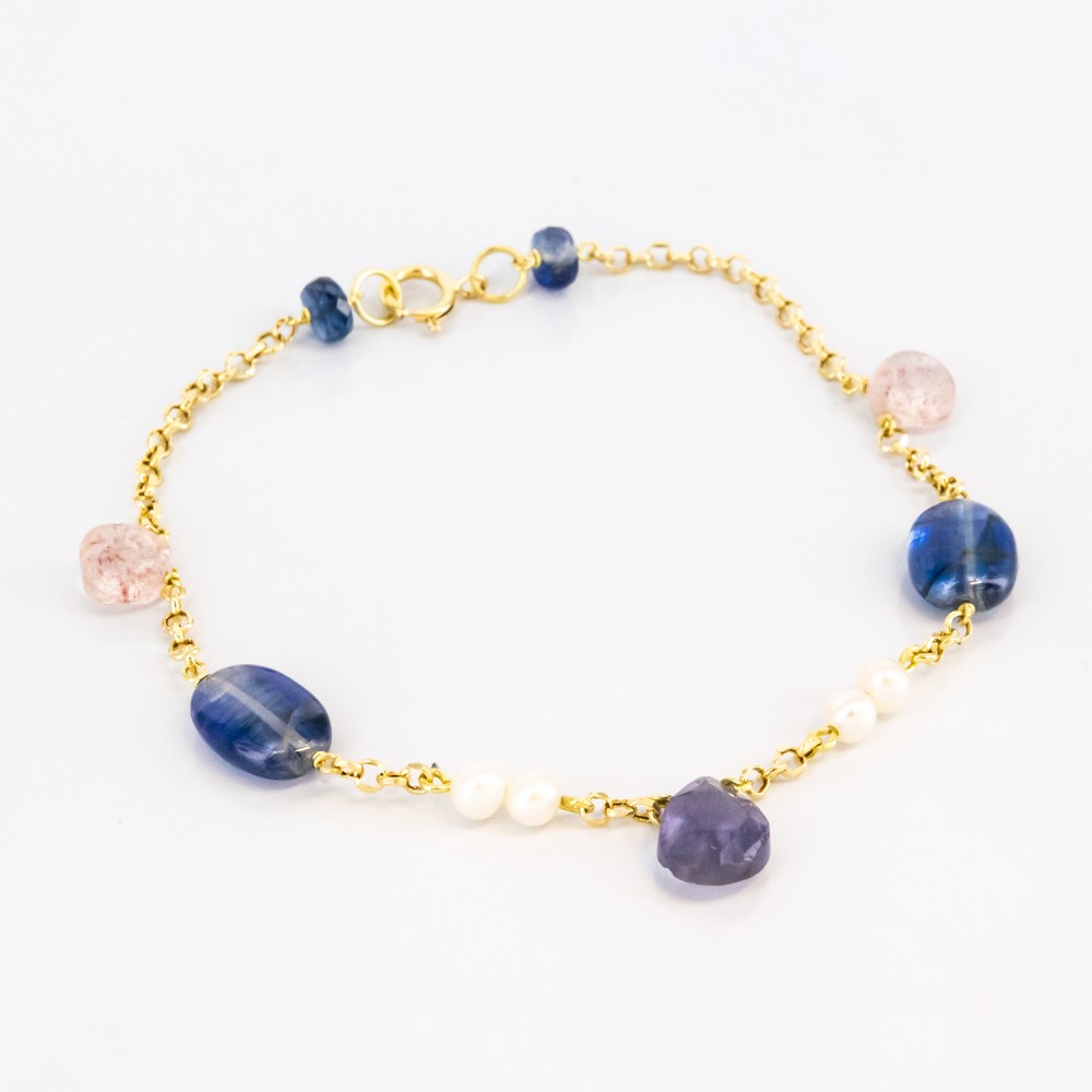 Pulsera de oro 18 kt. con zafiros, amatista, cuarzo y perlas cultivadas
