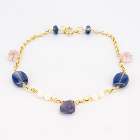 Pulsera de oro 18 kt. con zafiros, amatista, cuarzo y perlas cultivadas