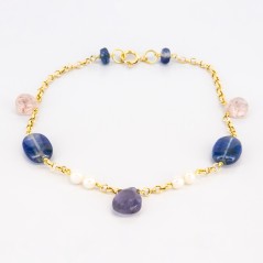 Pulsera de oro 18 kt. con zafiros, amatista, cuarzo y perlas cultivadas