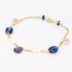 Pulsera de oro 18 kt. con zafiros, amatista, cuarzo y perlas cultivadas