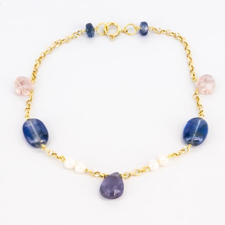Pulsera de oro 18 kt. con zafiros, amatista, cuarzo y perlas cultivadas