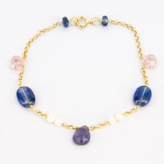 Pulsera de oro 18 kt. con zafiros, amatista, cuarzo y perlas cultivadas