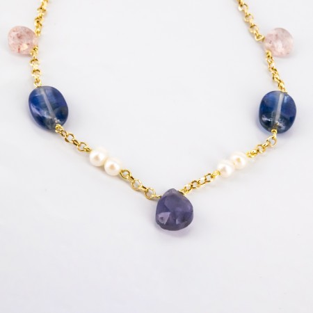 Pulsera de oro 18 kt. con zafiros, amatista, cuarzo y perlas cultivadas