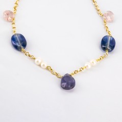 Pulsera de oro 18 kt. con zafiros, amatista, cuarzo y perlas cultivadas