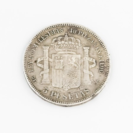 Moneda de cinco pesetas de Amadeo I, año 1871, plata