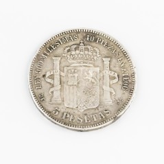 Moneda de cinco pesetas de Amadeo I, año 1871, plata
