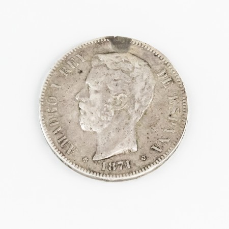 Moneda de cinco pesetas de Amadeo I, año 1871, plata