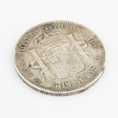 Moneda de cinco pesetas de Amadeo I, año 1871, plata