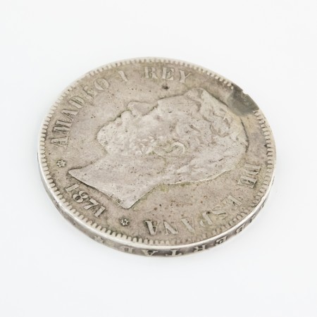 Moneda de cinco pesetas de Amadeo I, año 1871, plata