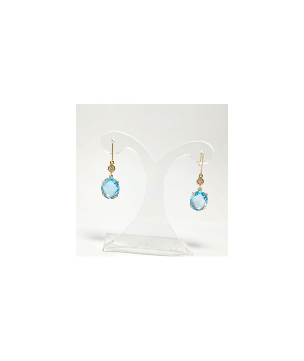 Par de Pendientes Oro 18kt con Diamantes y Topacio Azul