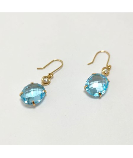 Par de Pendientes Oro 18kt con Diamantes y Topacio Azul