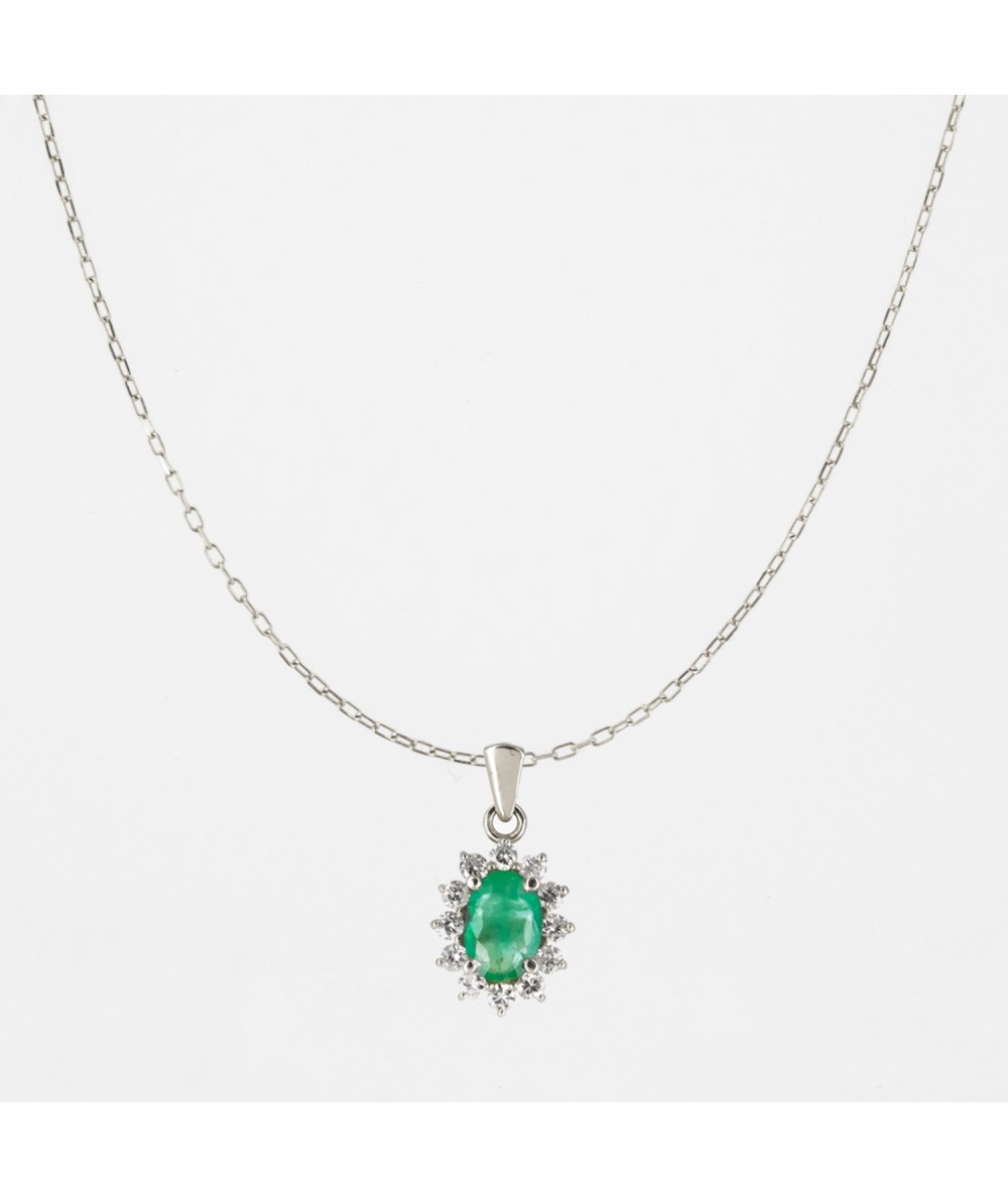 Colgante de Oro Blanco 14kt con Diamantes y Esmeralda
