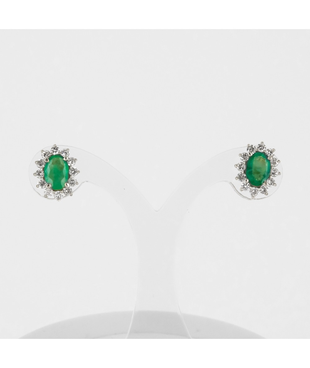 Pendientes de Oro Blanco 14kt con Diamantes y Esmeralda