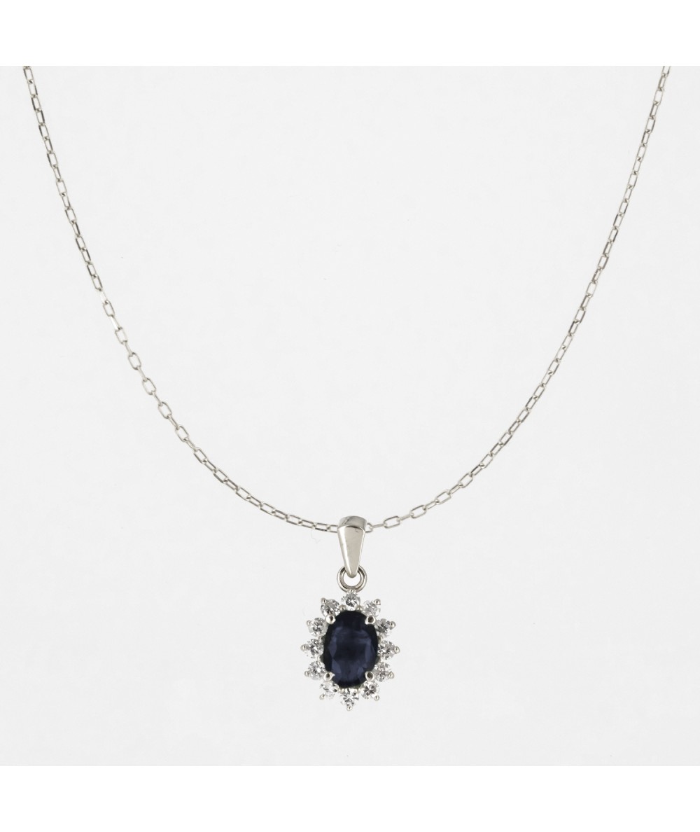 Colgante de Oro Blanco 14kt con Diamantes y Zafiro