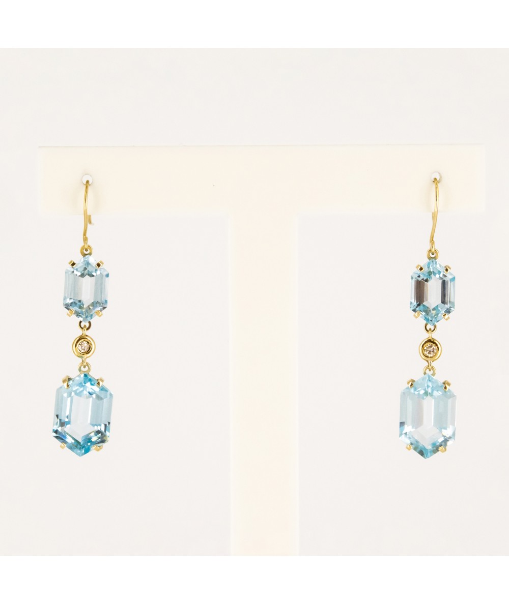 Pendientes de Oro 18kt con Diamantes y Topacio Azul Hexagonal