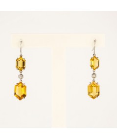 Pendientes de Oro Blanco 18kt con Diamantes y Cuarzo Citrino Hexagonal