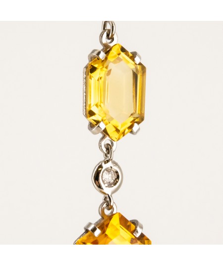 Pendientes de Oro Blanco 18kt con Diamantes y Cuarzo Citrino Hexagonal