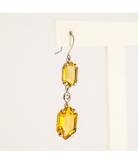 Pendientes de Oro Blanco 18kt con Diamantes y Cuarzo Citrino Hexagonal