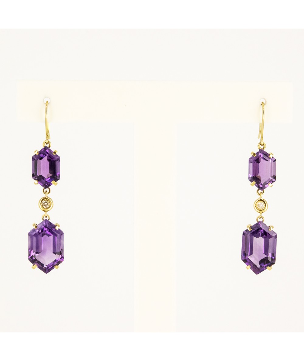 Pendientes de Oro 18kt con Diamantes y Amatistas Hexagonal