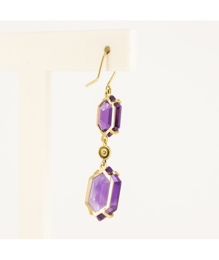 Pendientes de Oro 18kt con Diamantes y Amatistas Hexagonal