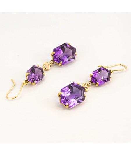 Pendientes de Oro 18kt con Diamantes y Amatistas Hexagonal