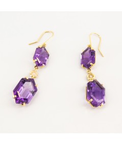 Pendientes de Oro 18kt con Diamantes y Amatistas Hexagonal