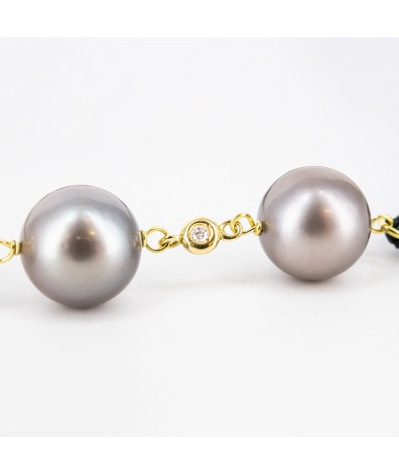 Pulsera de macramé con Oro 18kt, Perlas Tahití y Diamantes