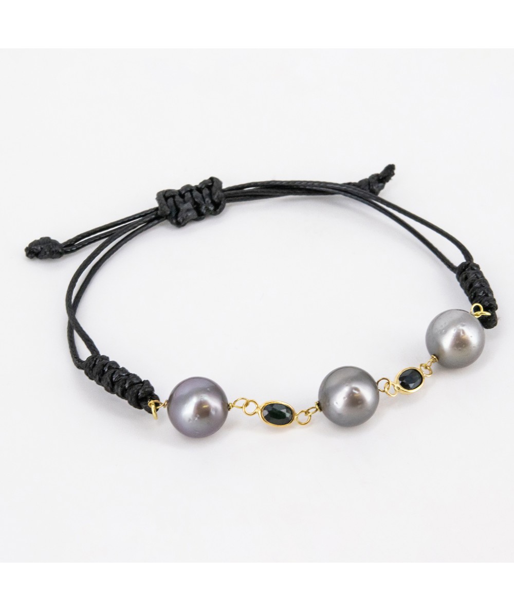Pulsera de macramé con Oro 18kt, Perlas Tahití y Zafiro