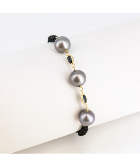 Pulsera de macramé con Oro 18kt, Perlas Tahití y Zafiro