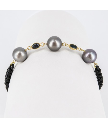 Pulsera de macramé con Oro 18kt, Perlas Tahití y Zafiro