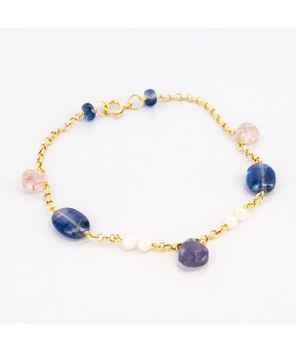Pulsera de oro 18 kt. con zafiros, amatista, cuarzo y perlas cultivadas