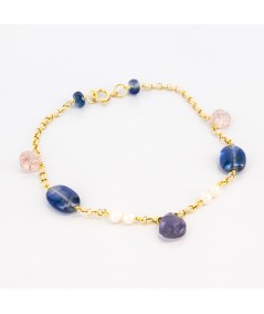 Pulsera de oro 18 kt. con zafiros, amatista, cuarzo y perlas cultivadas