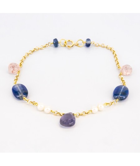 Pulsera de oro 18 kt. con zafiros, amatista, cuarzo y perlas cultivadas