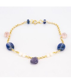 Pulsera de oro 18 kt. con zafiros, amatista, cuarzo y perlas cultivadas