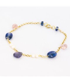 Pulsera de oro 18 kt. con zafiros, amatista, cuarzo y perlas cultivadas