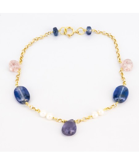 Pulsera de oro 18 kt. con zafiros, amatista, cuarzo y perlas cultivadas