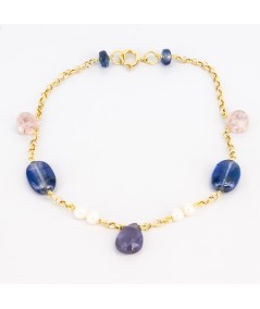 Pulsera de oro 18 kt. con zafiros, amatista, cuarzo y perlas cultivadas