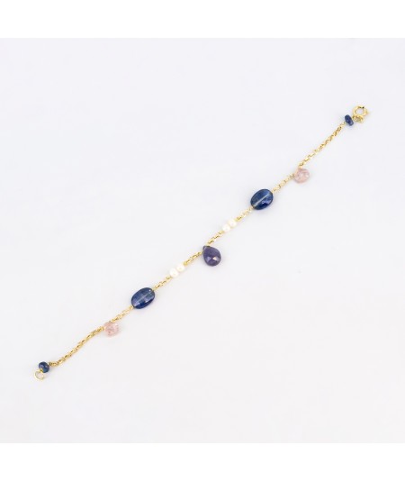 Pulsera de oro 18 kt. con zafiros, amatista, cuarzo y perlas cultivadas