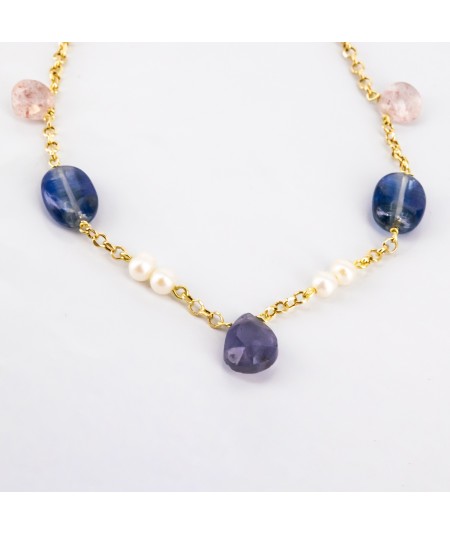 Pulsera de oro 18 kt. con zafiros, amatista, cuarzo y perlas cultivadas