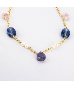 Pulsera de oro 18 kt. con zafiros, amatista, cuarzo y perlas cultivadas