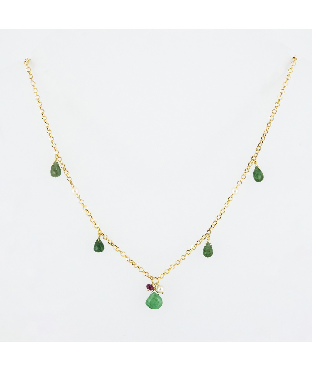 Gargantilla de oro 18 kt. con peridoto, perlas y rubí