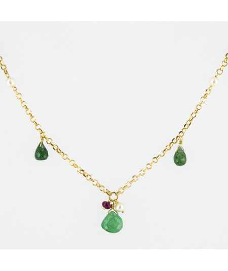 Gargantilla de oro 18 kt. con peridoto, perlas y rubí