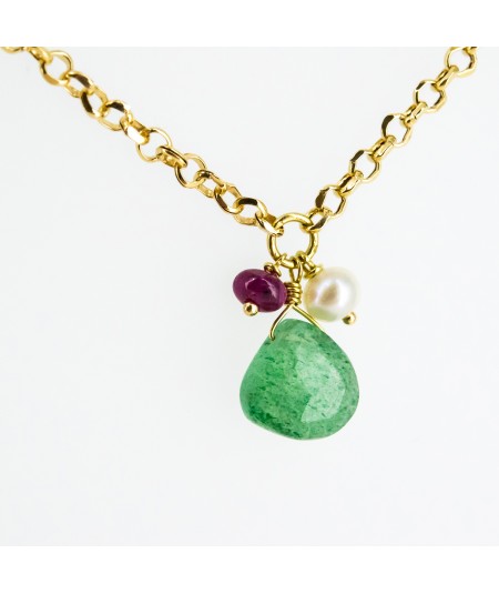 Gargantilla de oro 18 kt. con peridoto, perlas y rubí