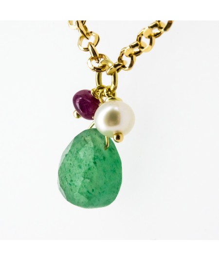 Gargantilla de oro 18 kt. con peridoto, perlas y rubí