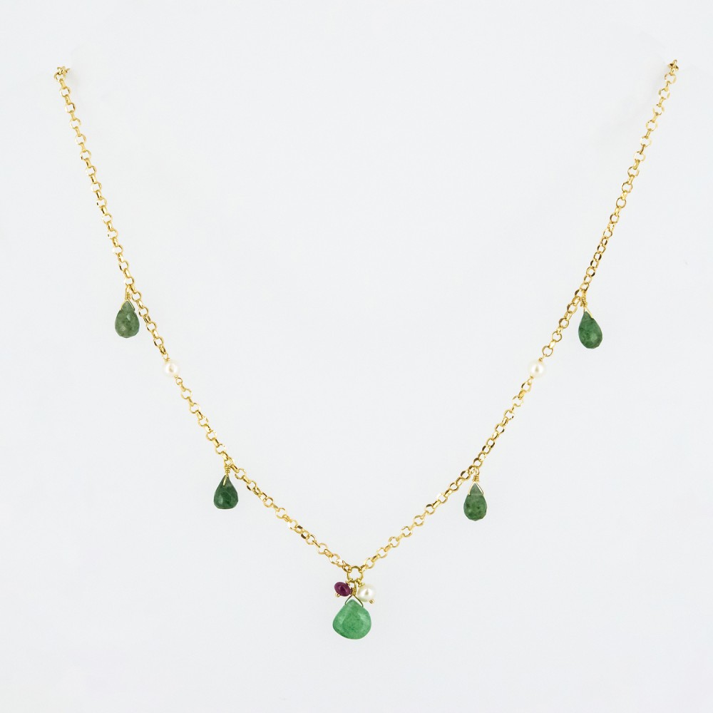 Gargantilla de oro 18 kt. con peridoto, perlas y rubí