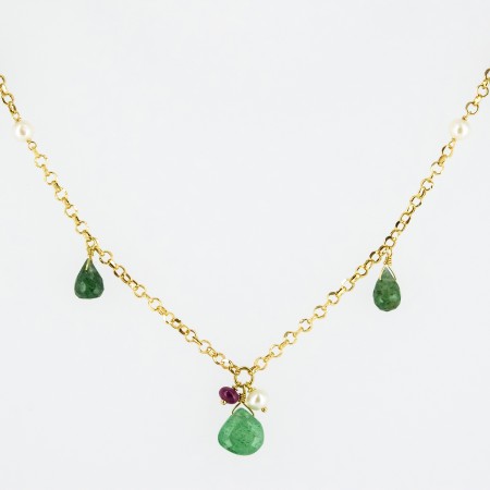 Gargantilla de oro 18 kt. con peridoto, perlas y rubí
