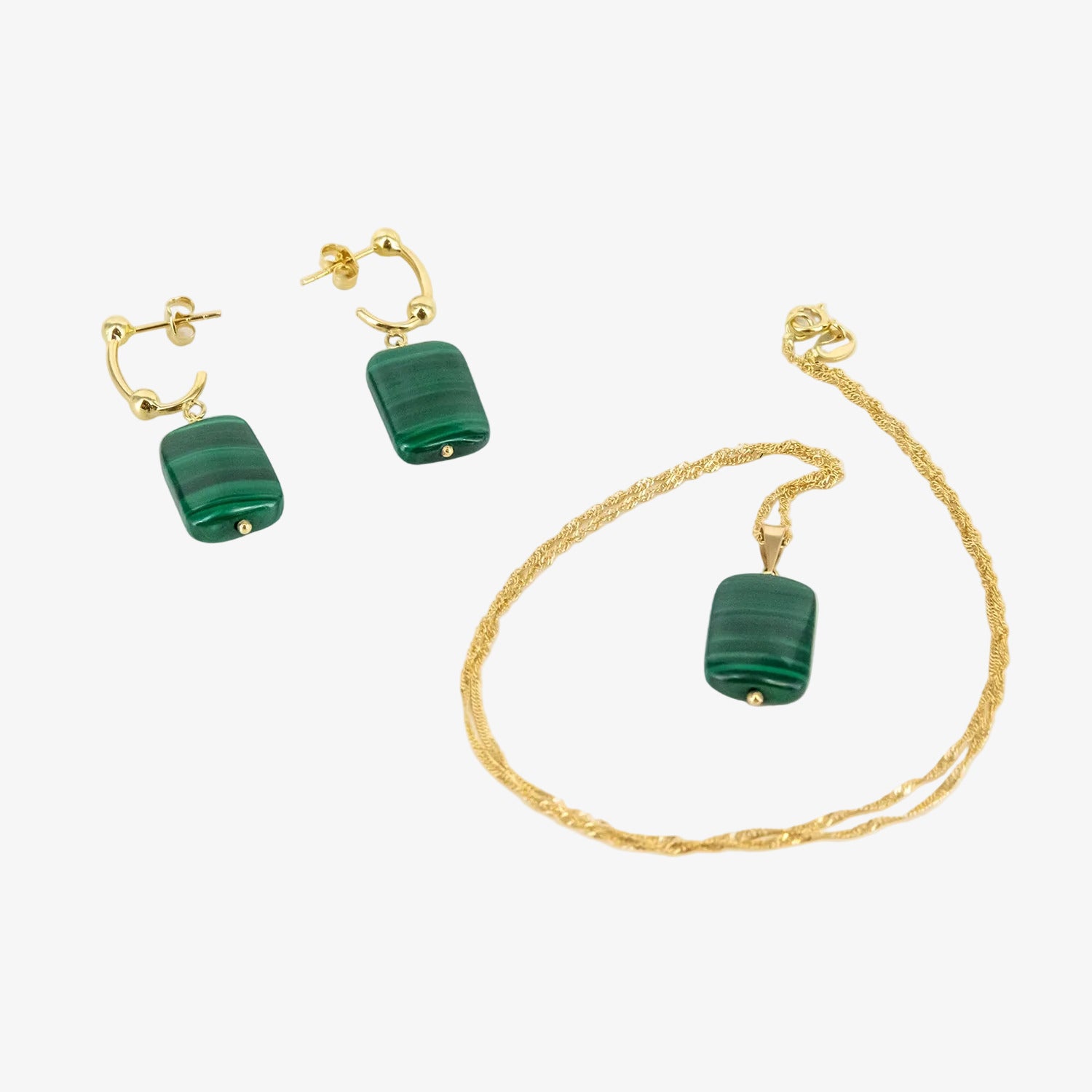 Conjunto de gargantilla y pendientes de oro amarillo de 18 kt. con malaquita