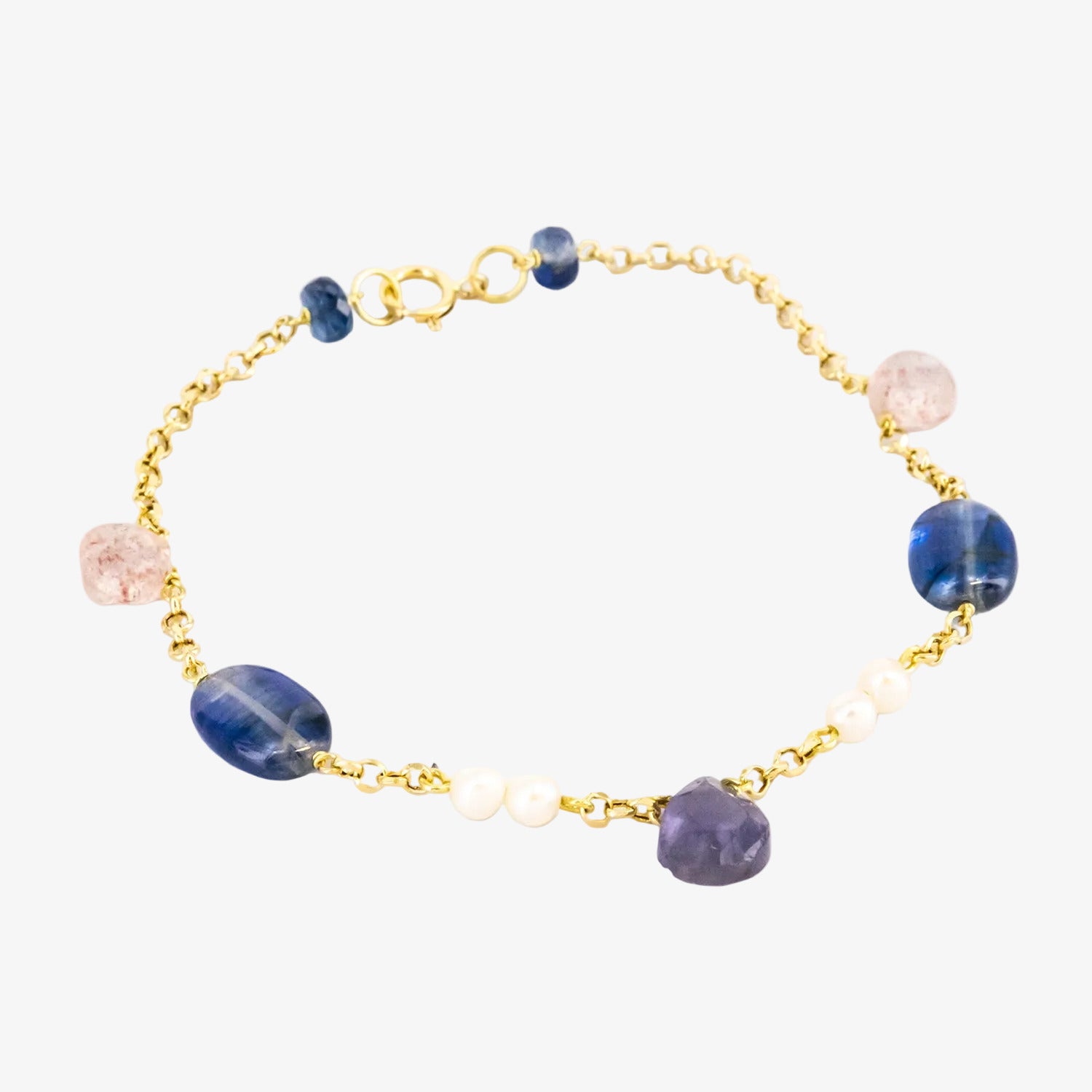 Pulsera de oro 18 kt. con zafiros, amatista, cuarzo y perlas cultivadas akoya