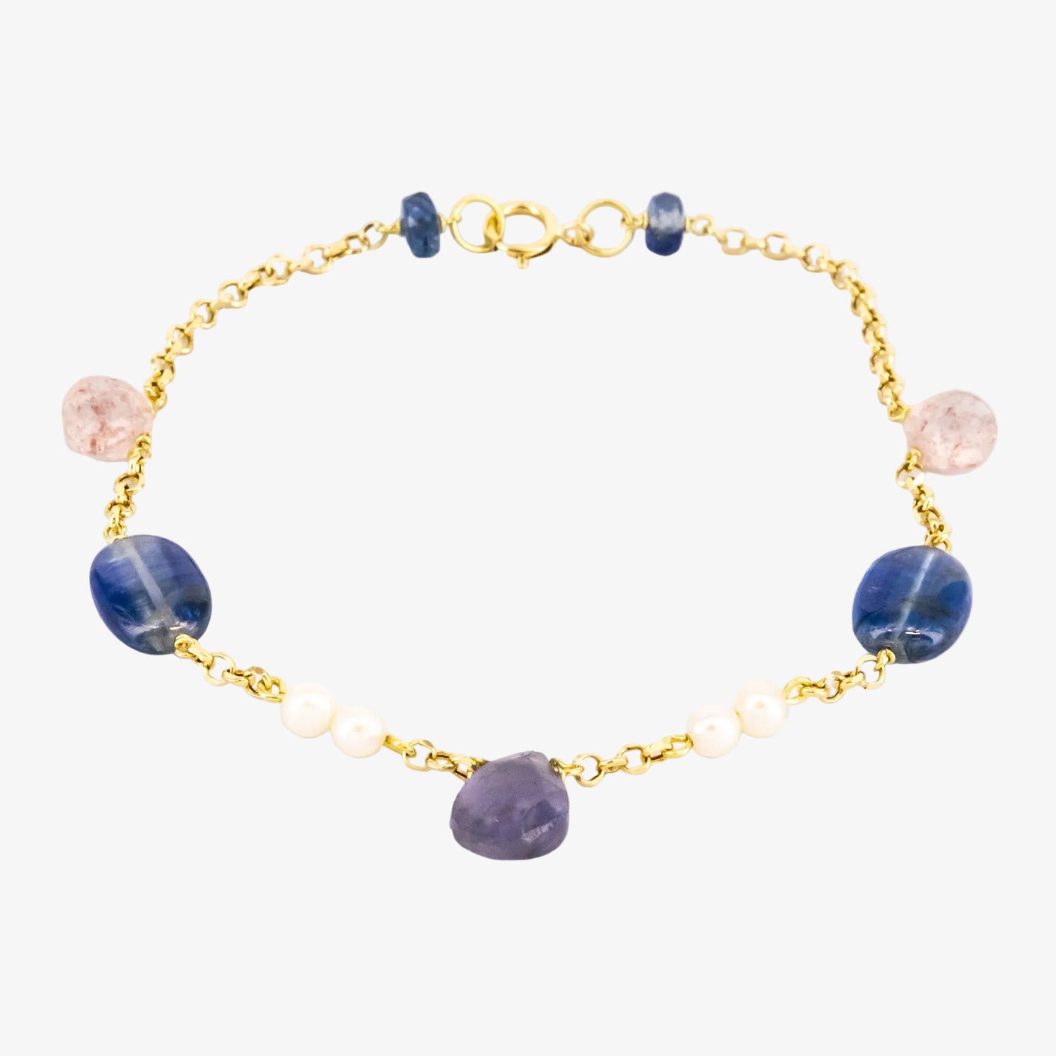 Pulsera de oro 18 kt. con zafiros, amatista, cuarzo y perlas cultivadas akoya